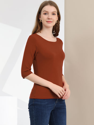 Casual Boat Neck Elbow Sleeve Solid Basic T-shirt