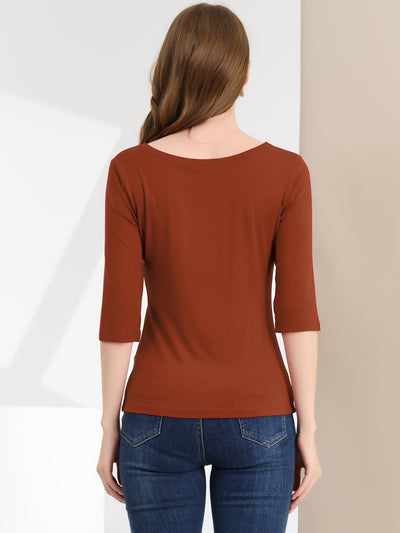 Casual Boat Neck Elbow Sleeve Solid Basic T-shirt