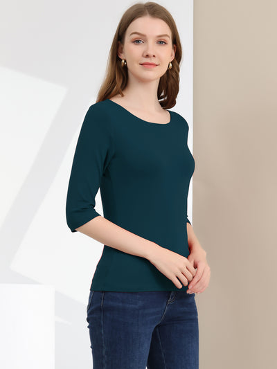 Casual Basic Boat Neck Elbow Sleeve Solid T-shirt