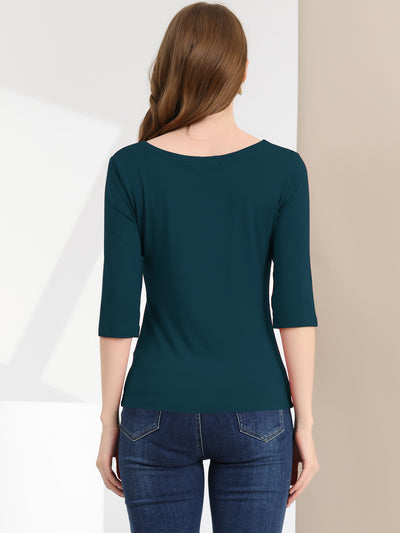 Casual Basic Boat Neck Elbow Sleeve Solid T-shirt