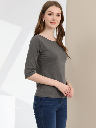 Casual Boat Neck Elbow Sleeve Solid Basic T-shirt