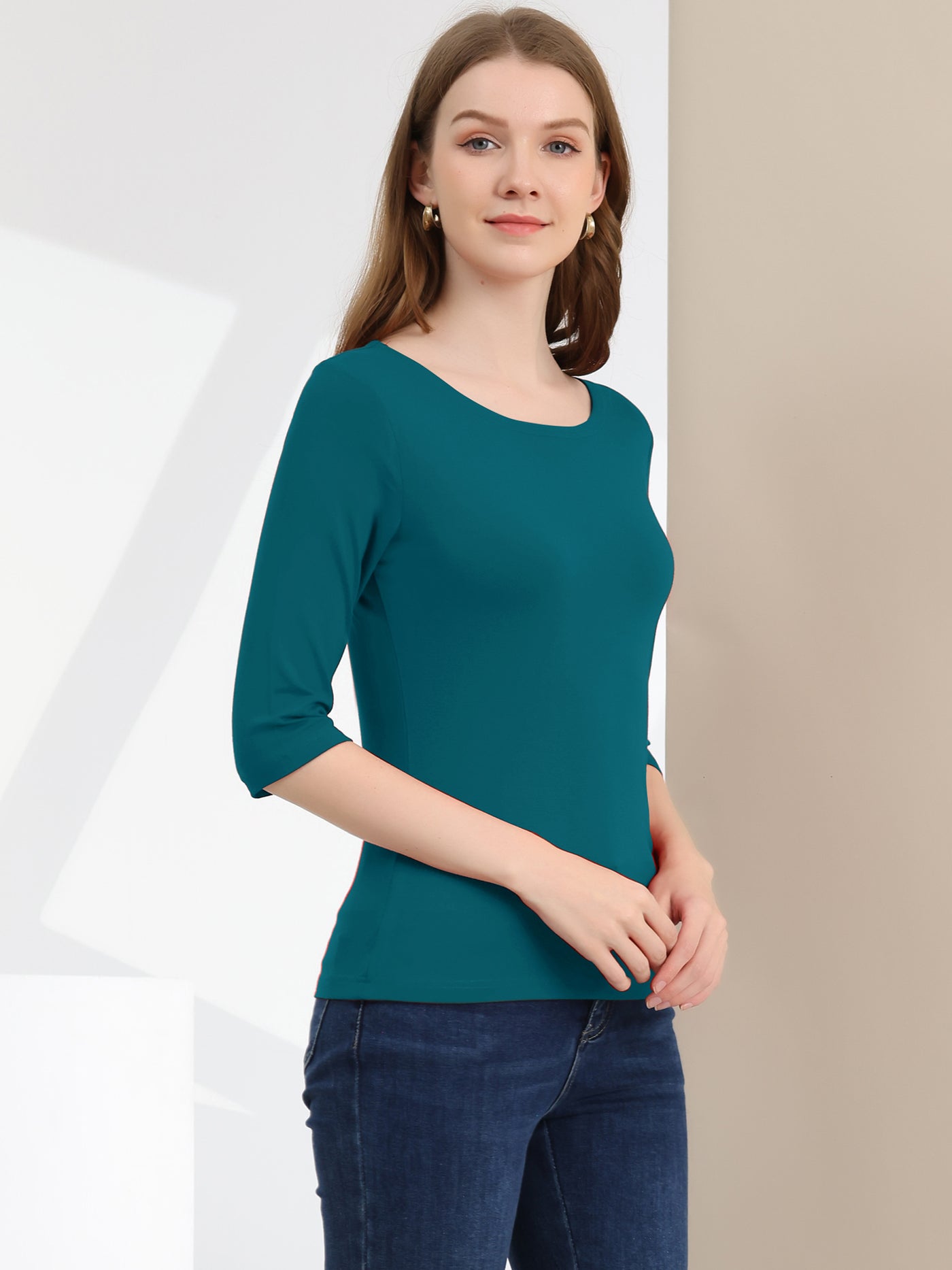 Allegra K Casual Basic Boat Neck Elbow Sleeve Solid T-shirt