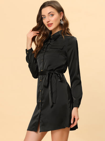 Lapel Belt Long Sleeve Button Satin Above Knee Dress