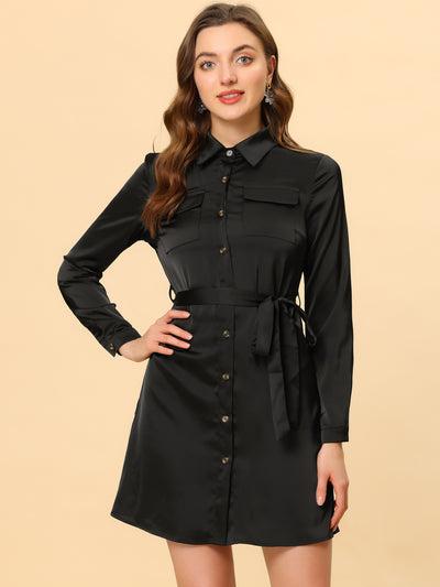 Lapel Belt Long Sleeve Button Satin Above Knee Dress