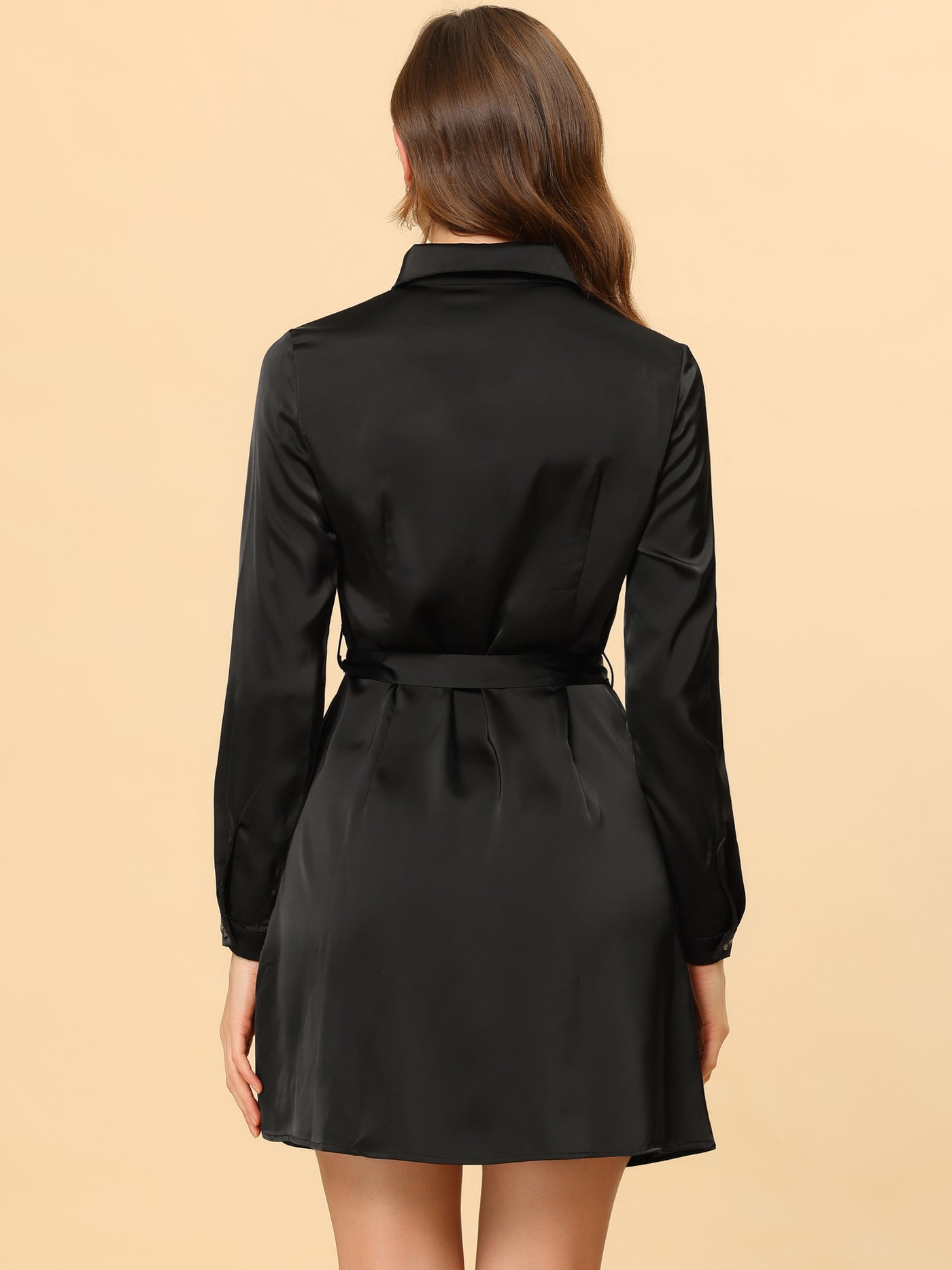 Allegra K Lapel Belt Long Sleeve Button Satin Above Knee Dress