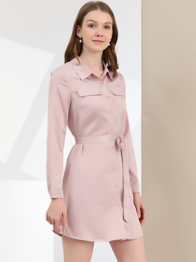 Lapel Belt Long Sleeve Button Satin Above Knee Dress