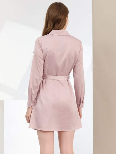 Lapel Belt Long Sleeve Button Satin Above Knee Dress