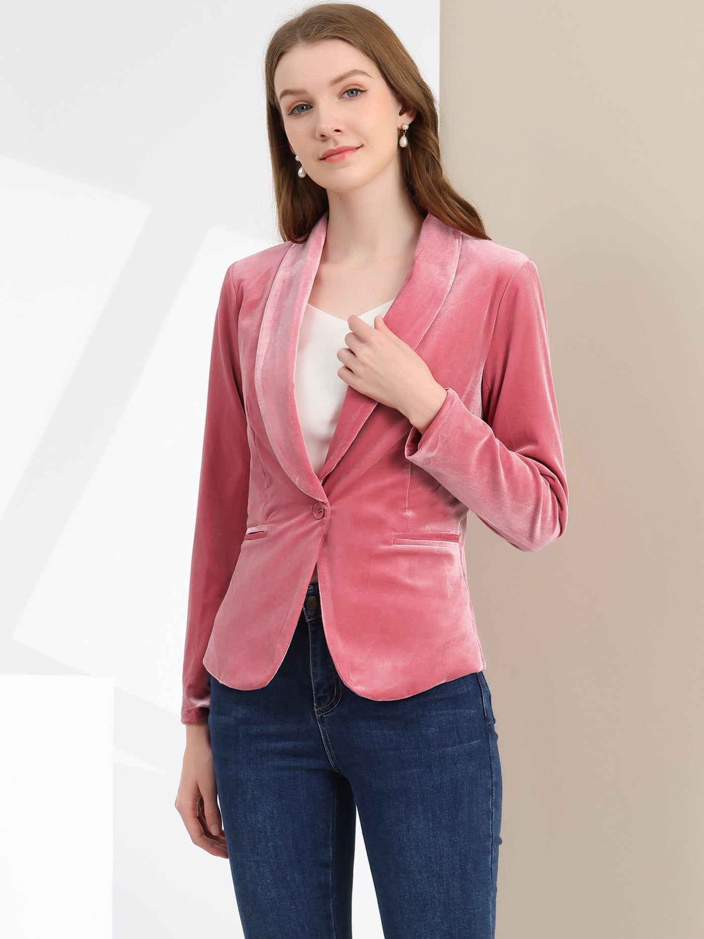 Allegra K Shawl Collar Single Button Velvet Solid Office Work Jacket Blazer