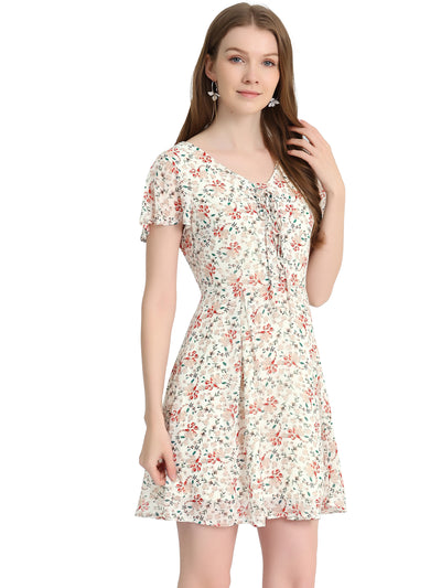 Floral Printed Flare Short Sleeve Lace-up V Neck Chiffon Dress