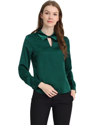 Silky Satin Long Sleeve Elegant Office Keyhole Collared Blouse