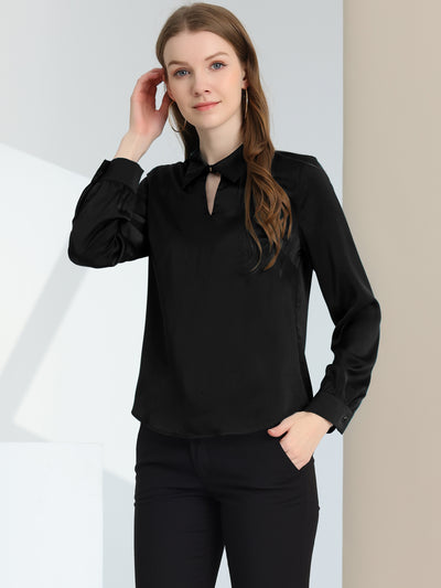 Silky Satin Long Sleeve Elegant Office Keyhole Collared Blouse