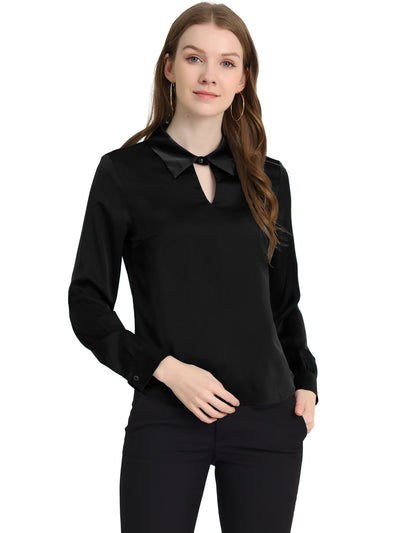 Silky Satin Long Sleeve Elegant Office Keyhole Collared Blouse