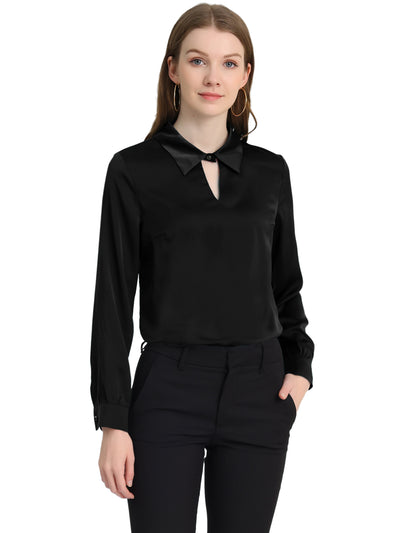 Silky Satin Long Sleeve Elegant Office Keyhole Collared Blouse