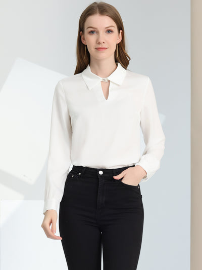 Silky Satin Long Sleeve Elegant Office Keyhole Collared Blouse