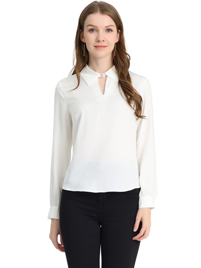 Silky Satin Long Sleeve Elegant Office Keyhole Collared Blouse