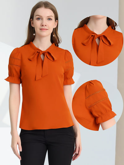 Bow Tie Collar Short Sleeve Elegant Office Workwear Blouse