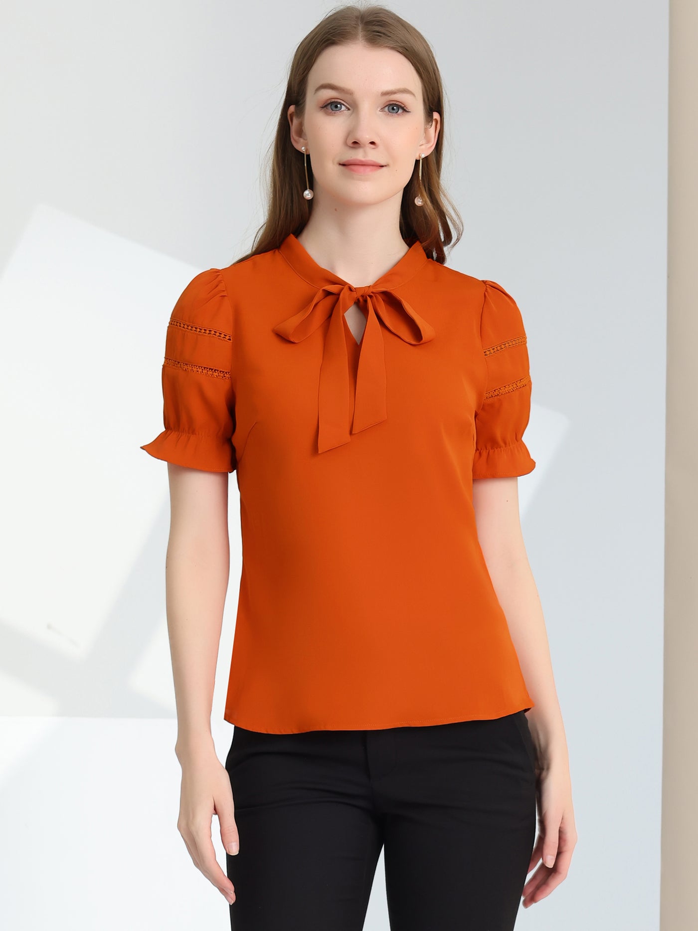 Allegra K Bow Tie Collar Short Sleeve Elegant Office Workwear Blouse