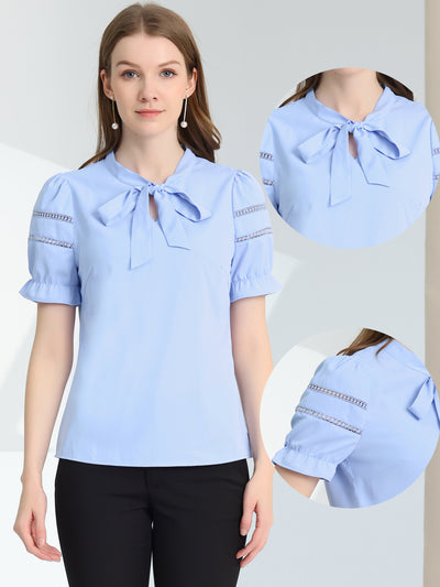 Bow Tie Collar Short Sleeve Elegant Office Workwear Blouse