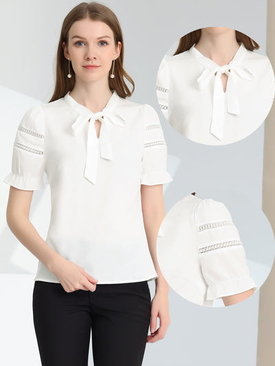 Bow Tie Collar Short Sleeve Elegant Office Workwear Blouse