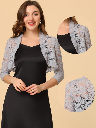 Elegant Ruffle Collar Sheer Floral Lace Crop Bolero Shrug