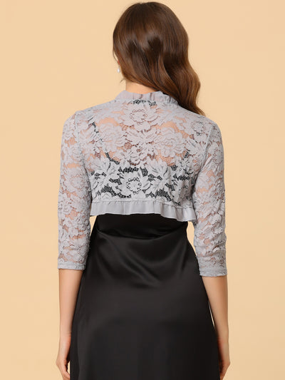 Elegant Ruffle Collar Sheer Floral Lace Crop Bolero Shrug