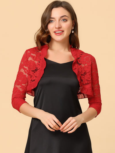 Elegant Ruffle Collar Sheer Floral Lace Crop Bolero Shrug