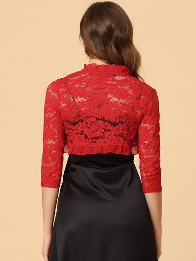 Elegant Ruffle Collar Sheer Floral Lace Crop Bolero Shrug