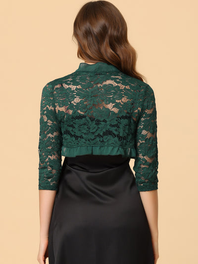 Elegant Ruffle Collar Sheer Floral Lace Crop Bolero Shrug