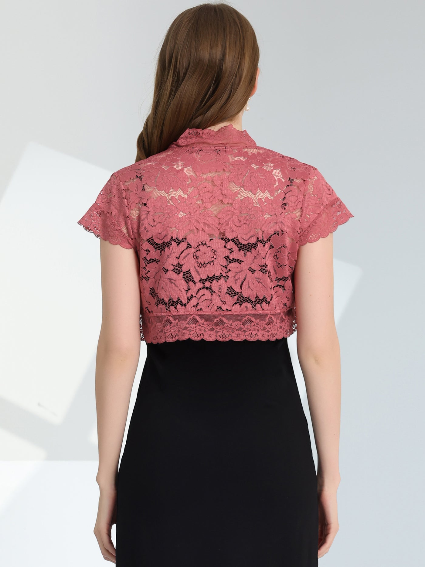 Allegra K Elegant Short Sleeve Sheer Floral Lace Shrug Top