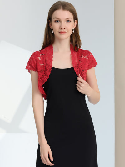 Elegant Short Sleeve Sheer Floral Lace Shrug Top