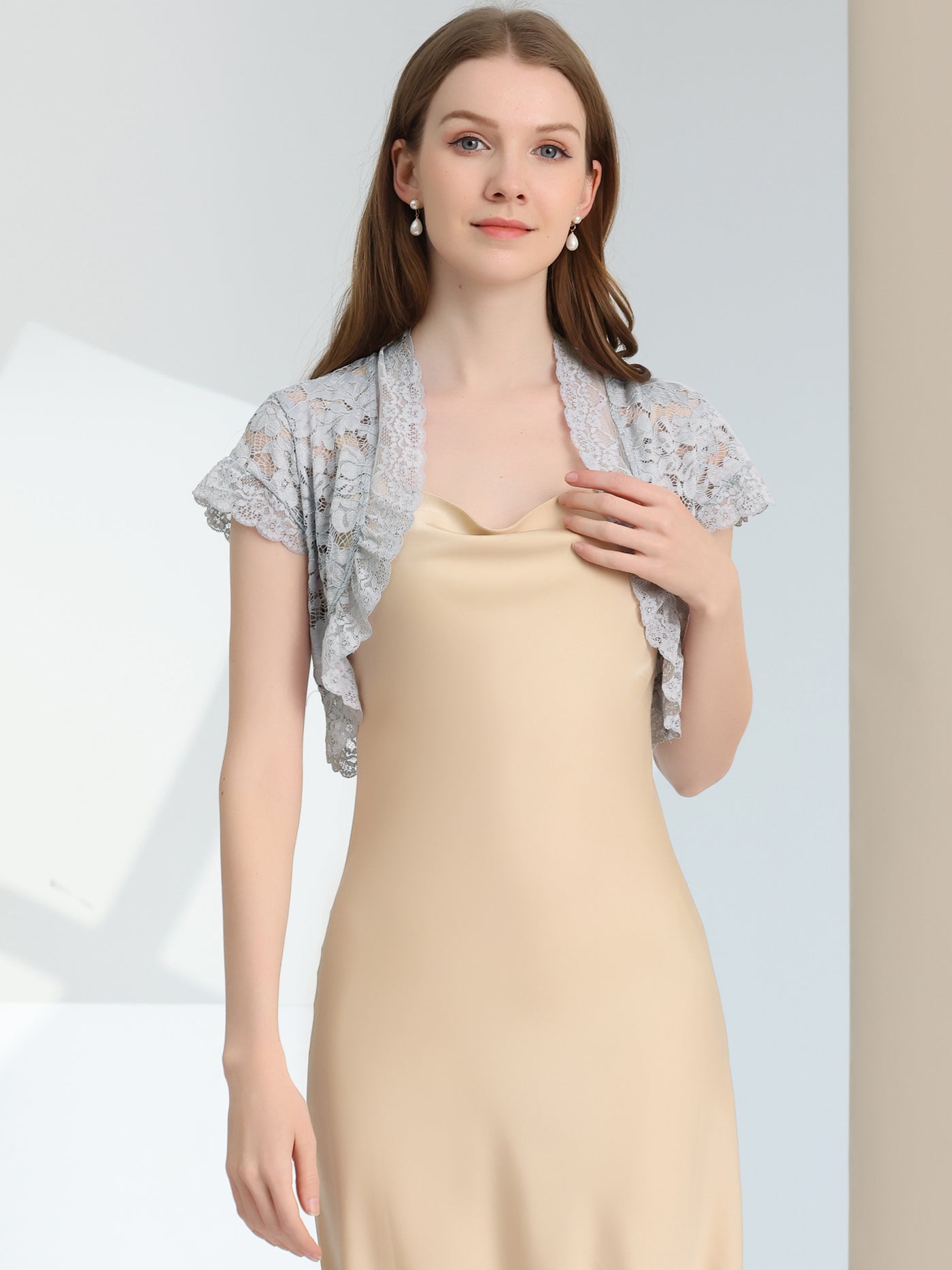 Allegra K Elegant Short Sleeve Sheer Floral Lace Shrug Top