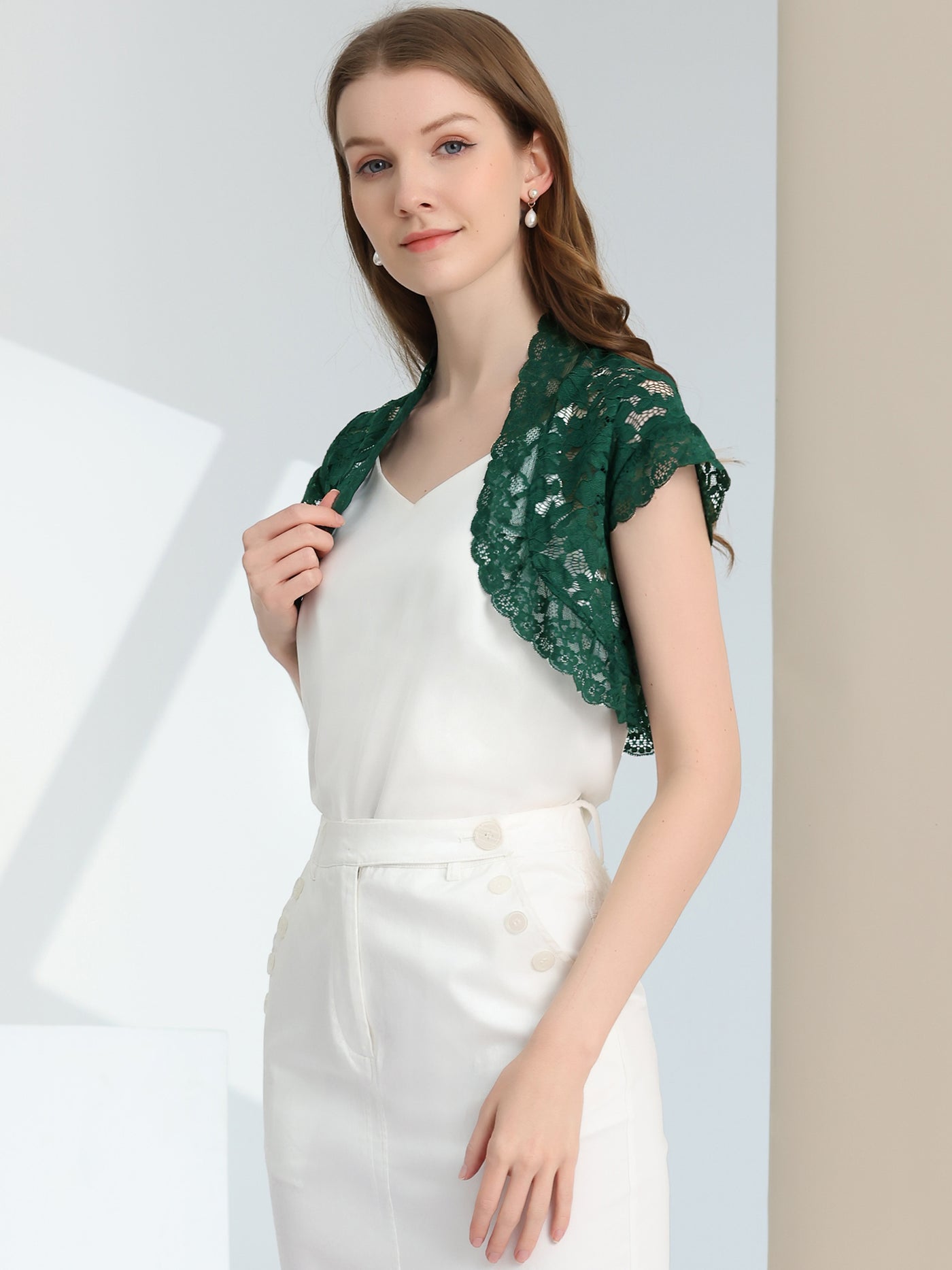 Allegra K Elegant Short Sleeve Sheer Floral Lace Shrug Top