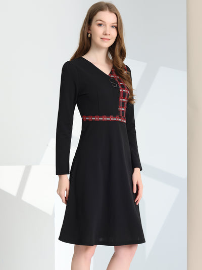 Allegra K Elegant A-Line Long Sleeve Contrast Color Dress