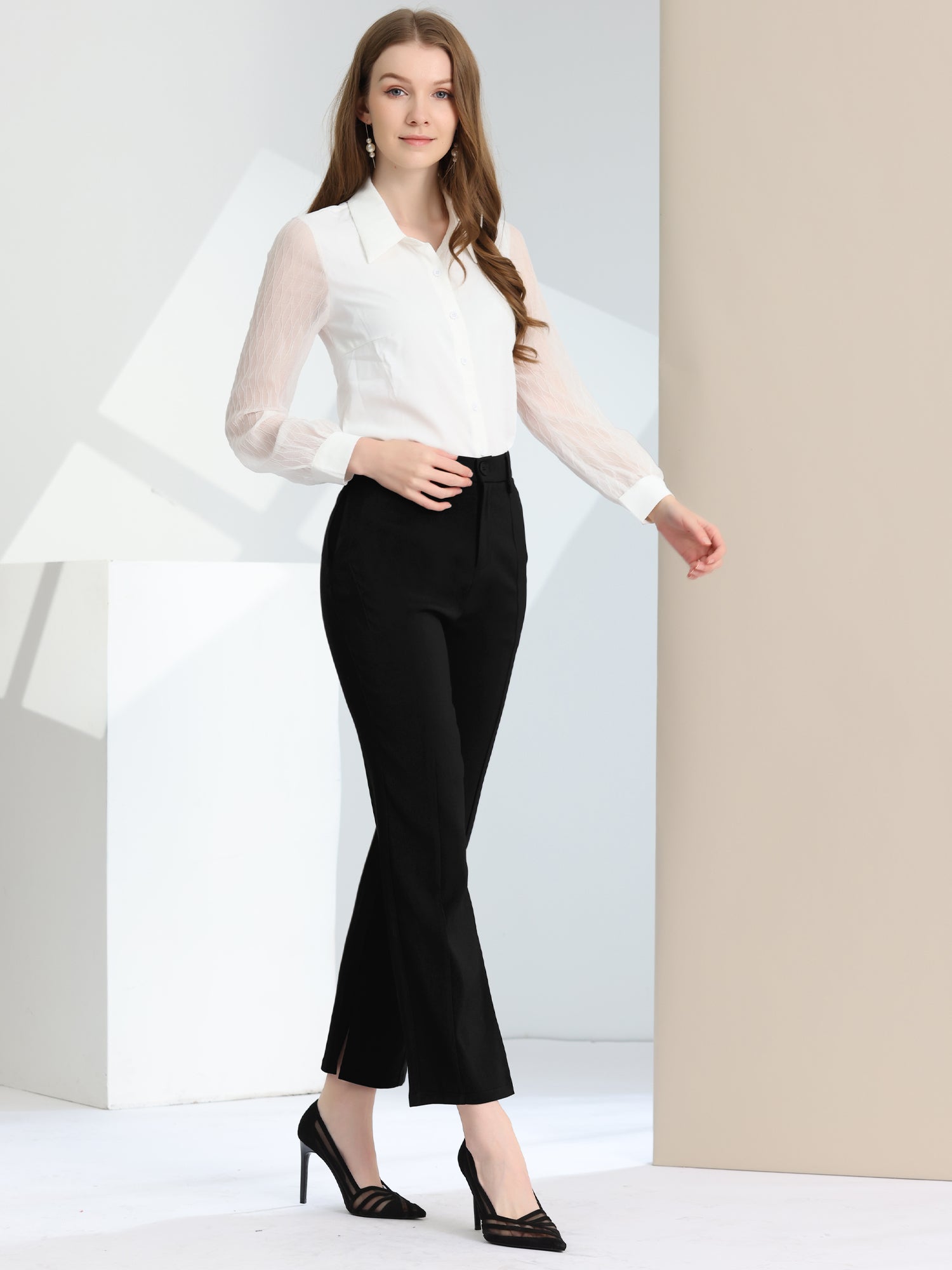 Allegra K Women's Business Elegant High Waist Stretch Flare Pants Work  Trousers Black X-Small