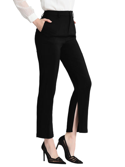 High Waist Straight Leg Trousers Slit Hem Stretch Work Pants