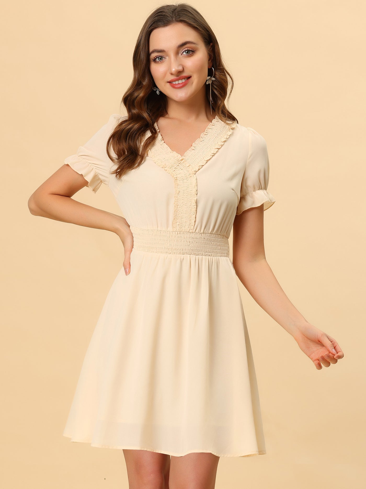 Allegra K Chiffon Solid Color Flowy A-Line Puff Sleeve Elegant Smocked Dress