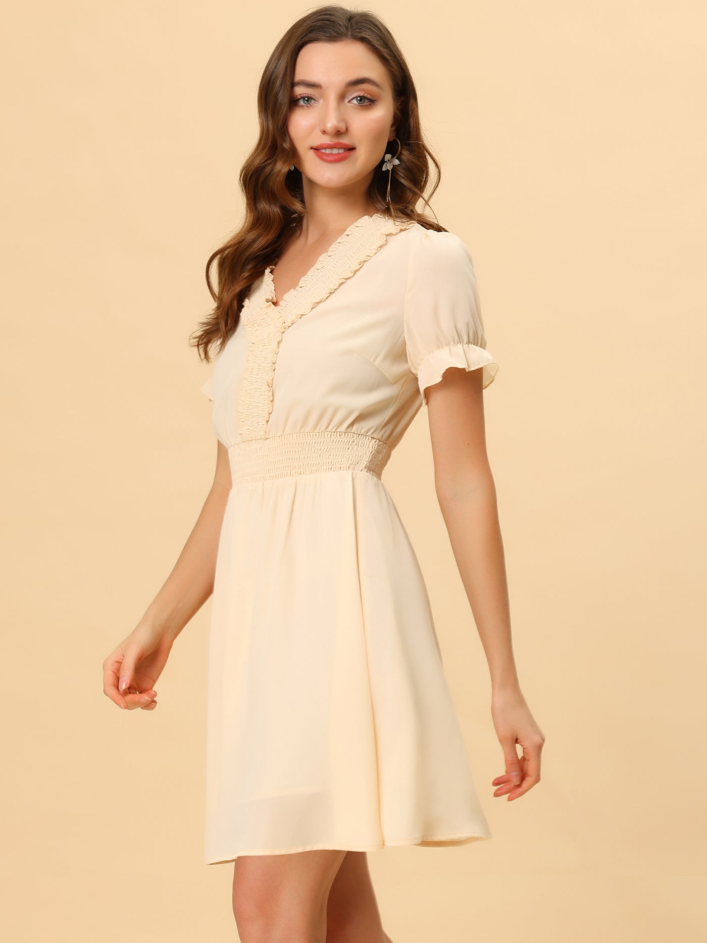 Allegra K Chiffon Solid Color Flowy A-Line Puff Sleeve Elegant Smocked Dress