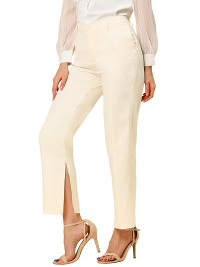 High Waist Straight Leg Trousers Slit Hem Stretch Work Pants