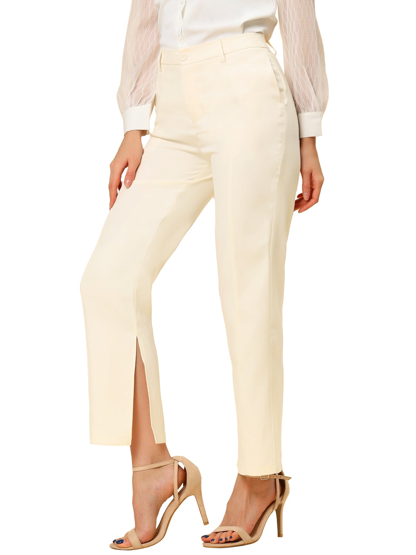 Allegra K High Waist Straight Leg Trousers Slit Hem Stretch Work Pants