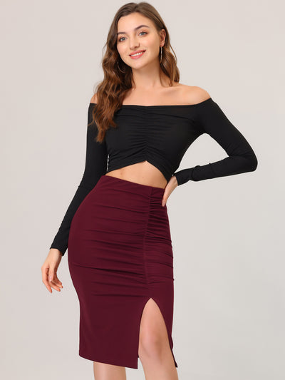 Business Stretchy Ruched Knee Length Pencil Skirt