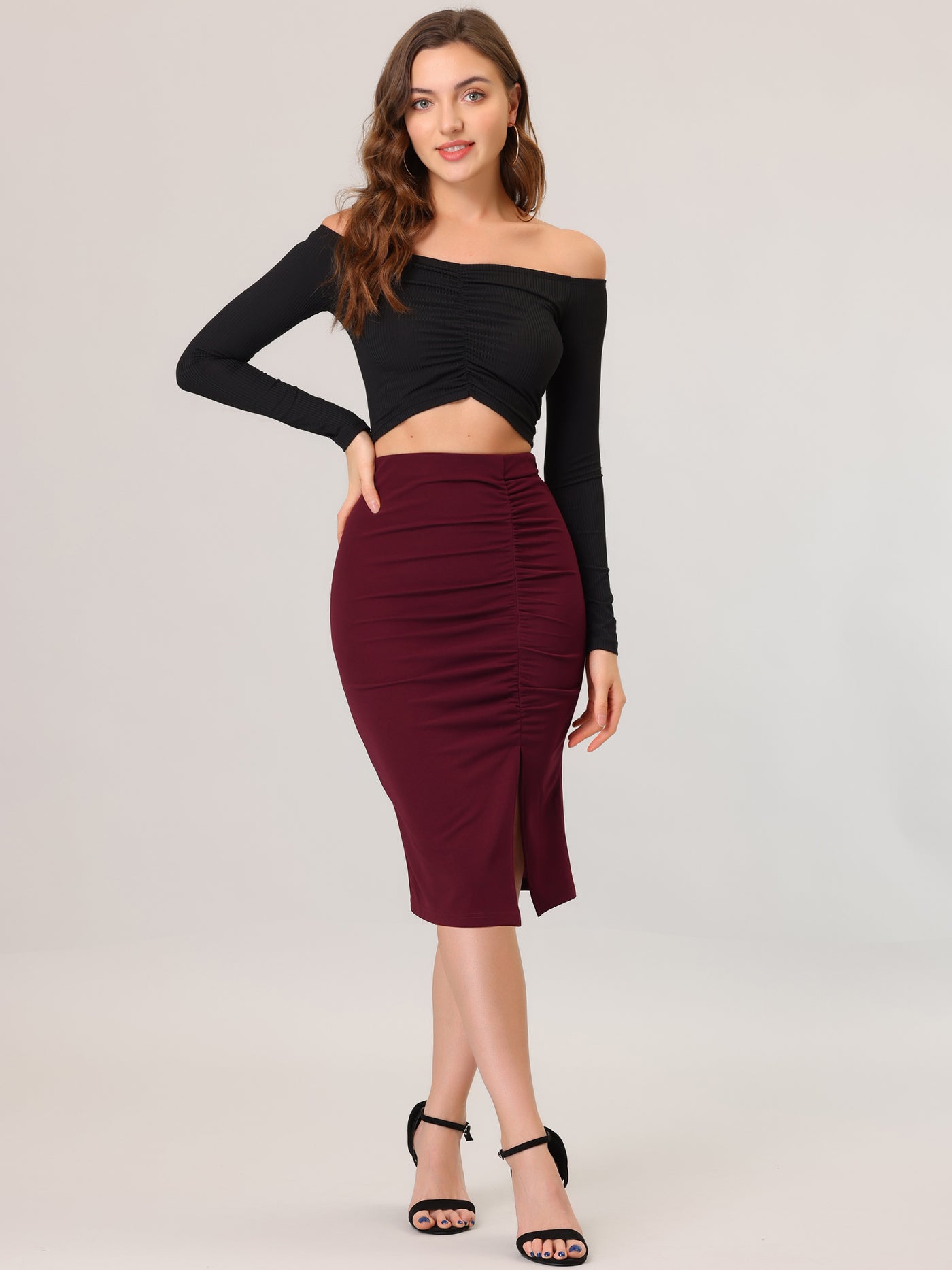 Allegra K Business Stretchy Ruched Knee Length Pencil Skirt