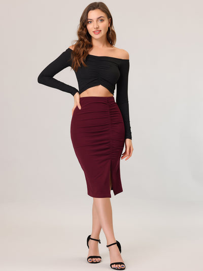 Business Stretchy Ruched Knee Length Pencil Skirt