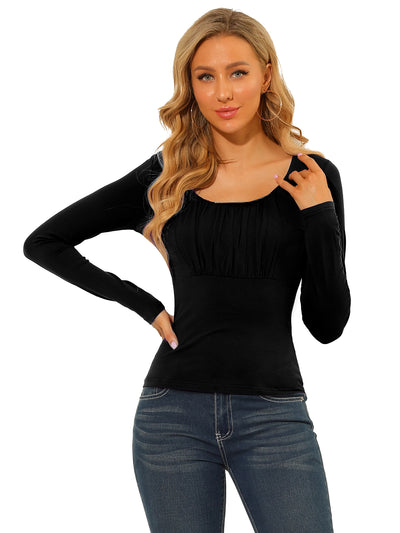 Scoop Neck Long Sleeve Solid Bust Ruched Casual Fitted Top
