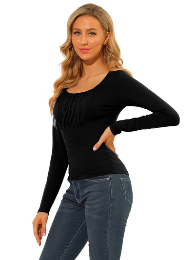 Scoop Neck Long Sleeve Solid Bust Ruched Casual Fitted Top