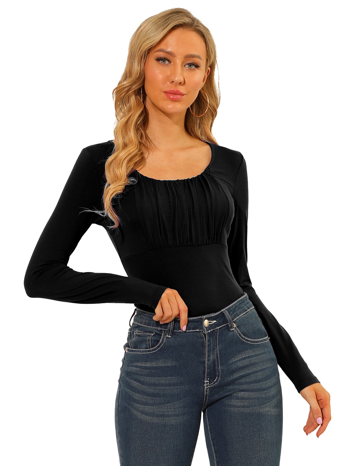 Allegra K Scoop Neck Long Sleeve Solid Bust Ruched Casual Fitted Top