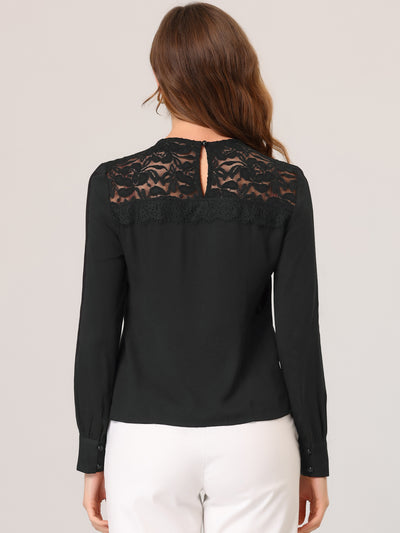 Lace Panel Top Round Neck Long Sleeve Solid Color Tops