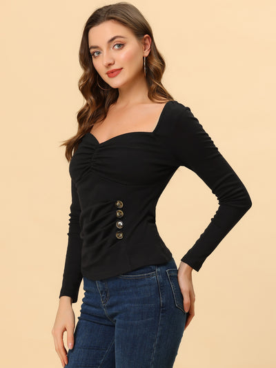 Sweetheart Neck Ruched Top Long Sleeve Button Decor Rib Knit Blouse
