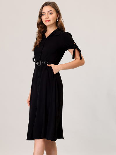 Casual Short Sleeve Pocket Belted Button Down Midi Shirt Dress