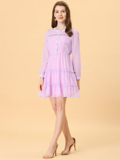 Long Sleeve Swiss Dot Elastic Waist A-Line Tiered Flowy Chiffon Dress