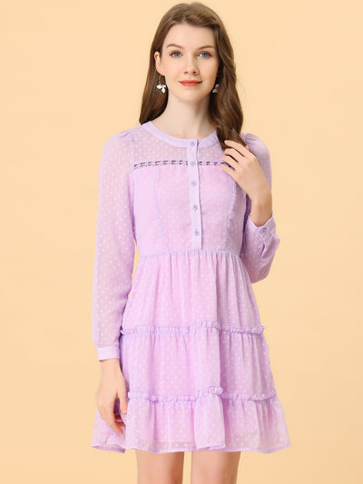 Long Sleeve Swiss Dot Elastic Waist A-Line Tiered Flowy Chiffon Dress